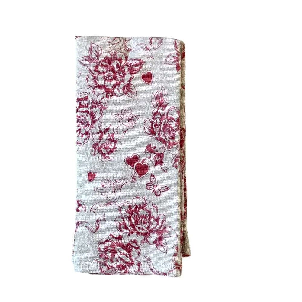 Rachel Zoe Valentine Kitchen Towels 20x28 Cotton Cupid Toile Red Beige 2pc NEW